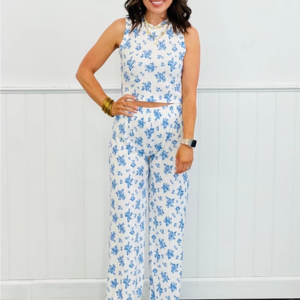 Blue and White Floral Two Piece Set with Wide-Leg Design